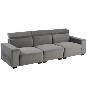 306*96*83cm Velvet, 26cm Fully Removable Armrests, Three-Seater With Side Pockets, Backrest Pull Points, Indoor Multi-Person Sofa, Dark Gray