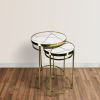 22, 20 Inch Round 2 Piece Marble Top Nesting End Table Set with Metal Frame, Brass Inlay, White