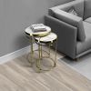 22, 20 Inch Round 2 Piece Marble Top Nesting End Table Set with Metal Frame, Brass Inlay, White