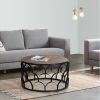 32 Inch Round Coffee Table, Mango Wood Top, Lattice Cut Out Metal Frame, Brown, Black