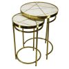 22, 20 Inch Round 2 Piece Marble Top Nesting End Table Set with Metal Frame, Brass Inlay, White