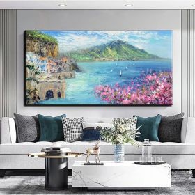 Handmade Oil Painting Floral Ocean Painting Italy Amalfi Seascape Painting Colorful flower Positano Coast Impasto painting Frameless Only Canvas (style: 5, size: 150x220cm)