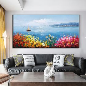 Handmade Oil Painting Floral Ocean Painting Italy Amalfi Seascape Painting Colorful flower Positano Coast Impasto painting Frameless Only Canvas (style: 1, size: 150x220cm)