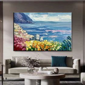 Handmade Oil Painting Floral Ocean Painting Italy Amalfi Seascape Painting Colorful flower Positano Coast Impasto painting Frameless Only Canvas (style: 2, size: 60X90cm)