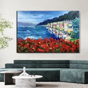 Handmade Oil Painting Floral Ocean Painting Italy Amalfi Seascape Painting Colorful flower Positano Coast Impasto painting Frameless Only Canvas (style: 6, size: 60X90cm)
