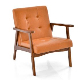 Mid Century Modern Accent Chair with Solid Rubber Wood Frame and Leather Cover (Color: Light Brown)