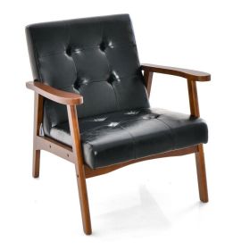 Mid Century Modern Accent Chair with Solid Rubber Wood Frame and Leather Cover (Color: Black)