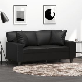 2-Seater Sofa with Throw Pillows Black 47.2" Faux Leather (Color: Black)